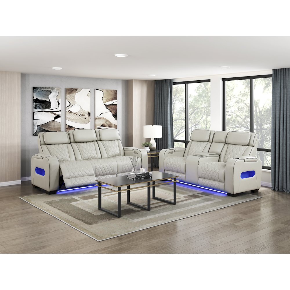 Fairway Faux Leather Power Double Reclining Love Seat in Taupe. Picture 4