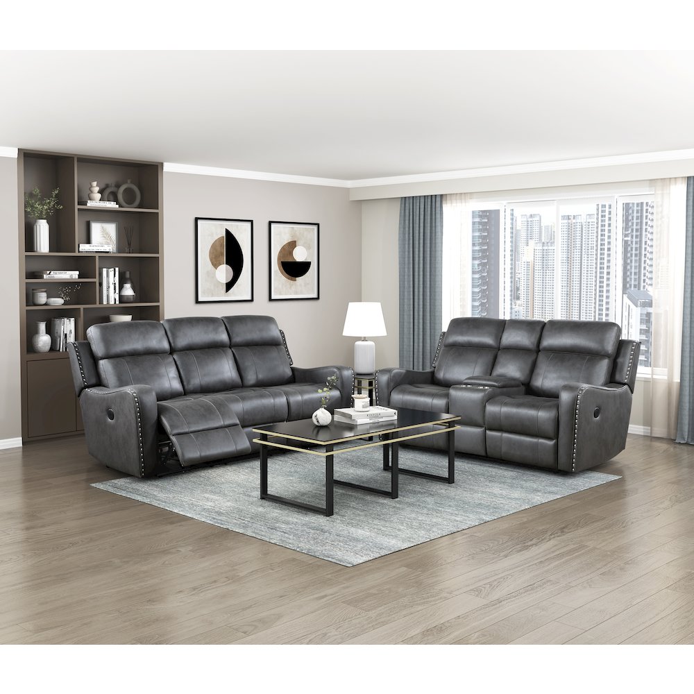 Kellen Microfiber Power Double Reclining Love Seat in Smoky Gray. Picture 2