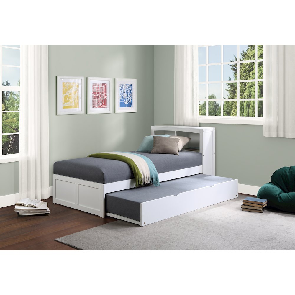 Galen Pine Twin Bookcase Bed with Twin Trundle in White. Picture 2