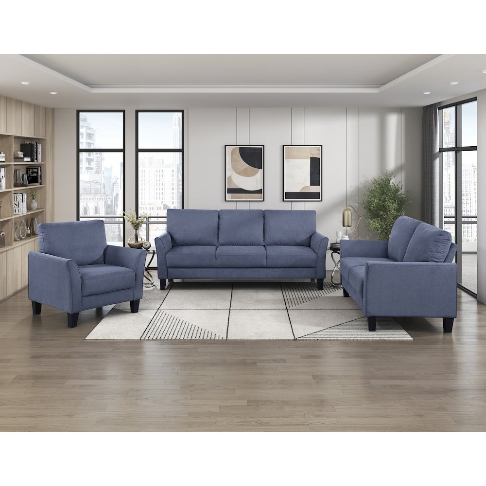 Aliana Textured 3pc Set: Sofa, Loveseat, Chair in Blue. Picture 6