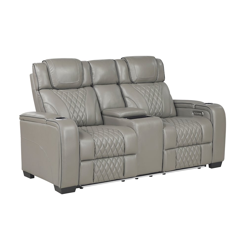Apex Leather Pwr Double Reclining Love Seat with Center Console in Gray. Picture 1