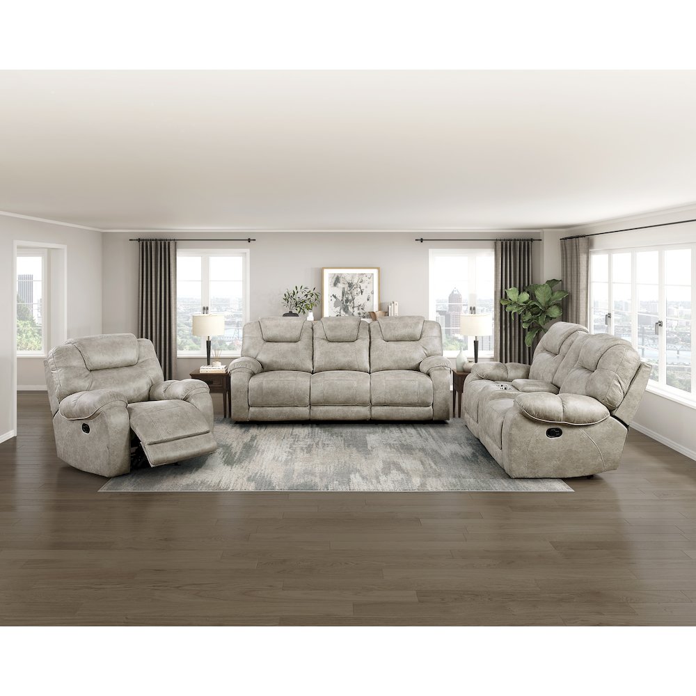Gainesville Microfiber Double Reclining Sofa in Pewter. Picture 2