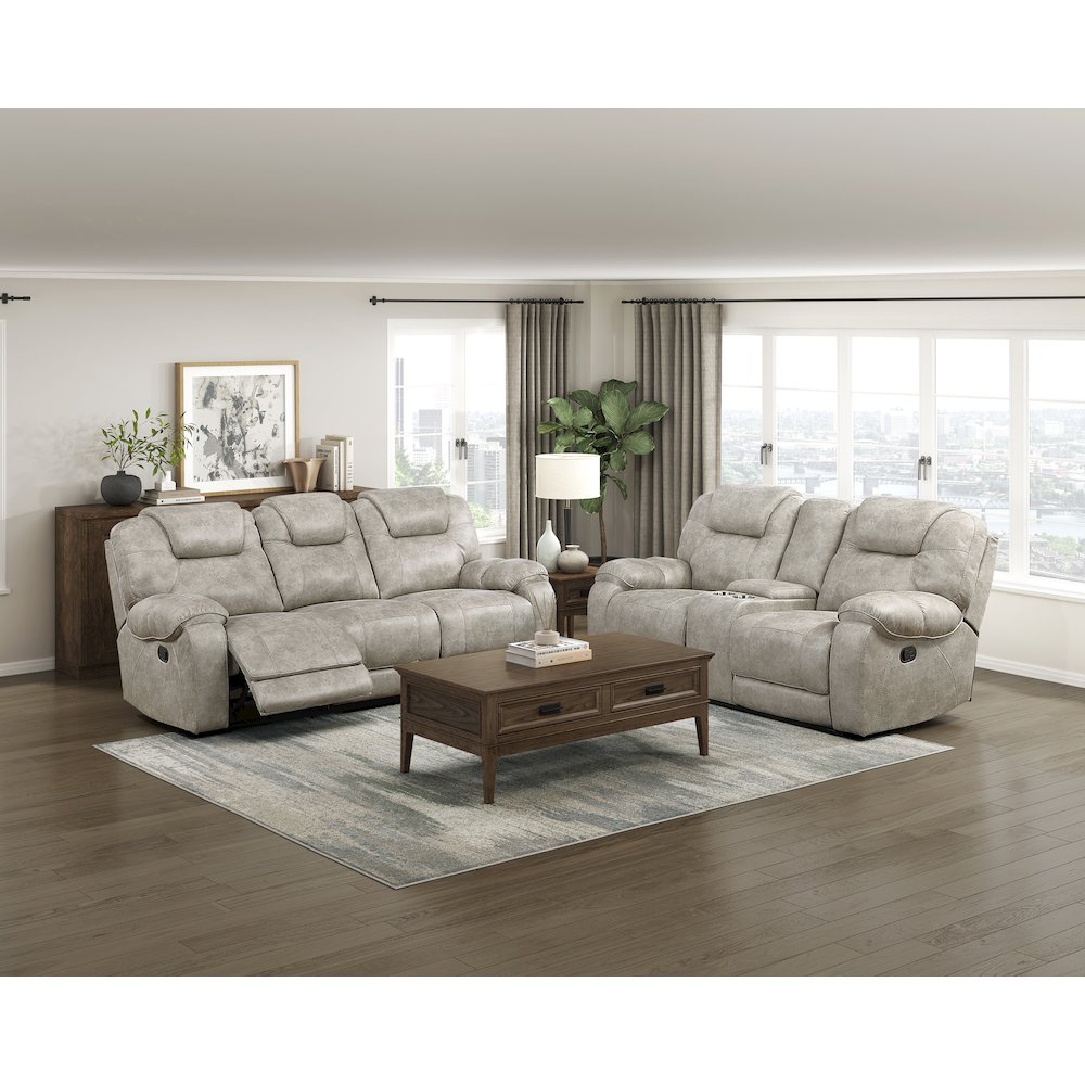 Gainesville Microfiber Dbl Rclng Love Seat with Center Console in Pewter. Picture 2
