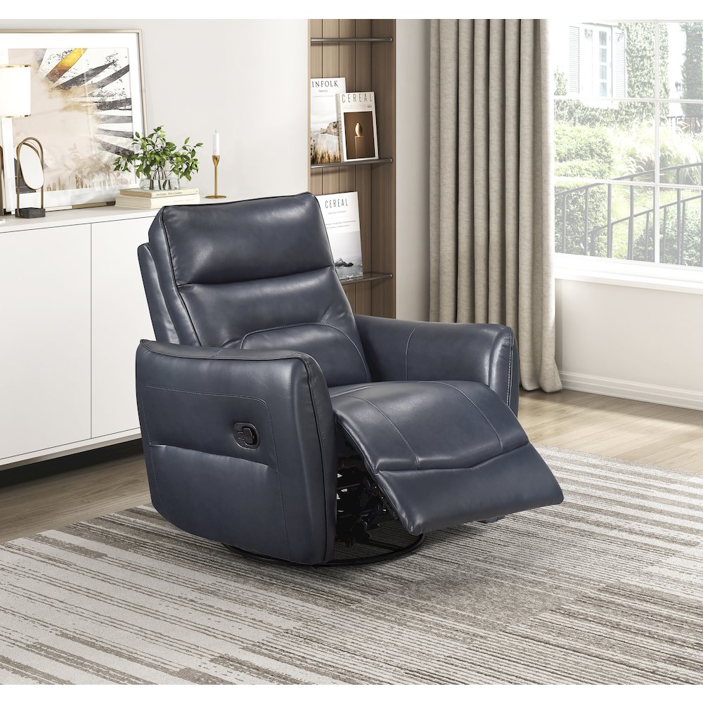 Thomas Leather Swivel Glider Reclining Chair in Dark Blue. Picture 2