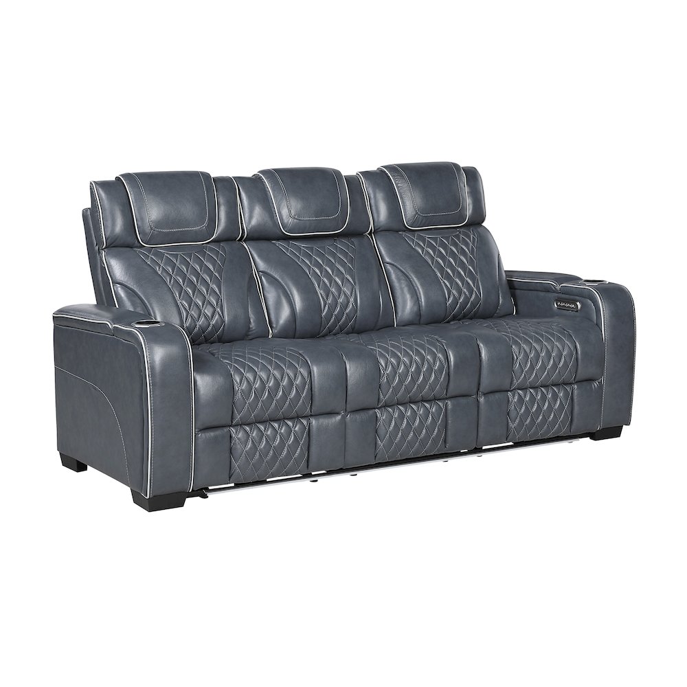 Apex Leather Power Double Reclining Sofa with Power Headrests in Blue. Picture 1