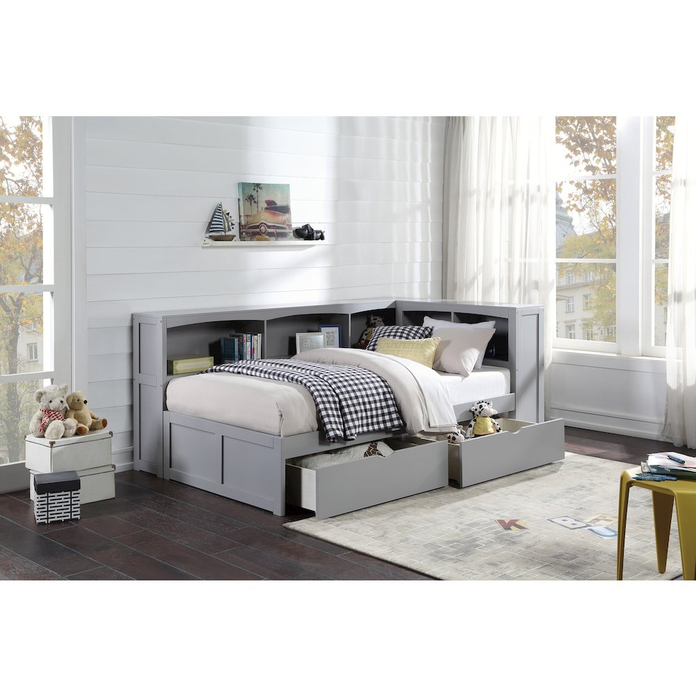 Orion Pine Twin Bookcase Corner Bed with Storage Boxes in Gray. Picture 2