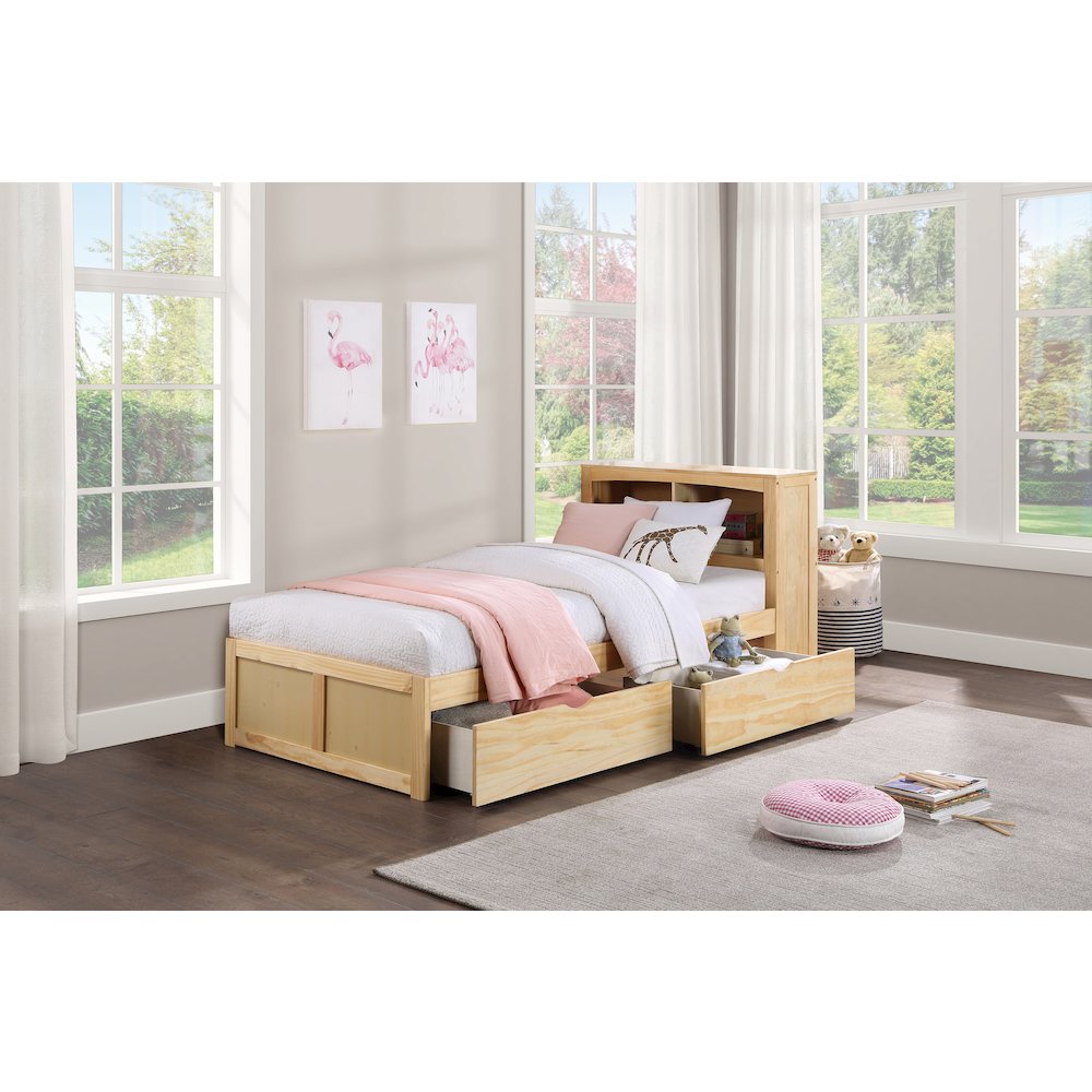 Bartly Pine Twin Bookcase Bed with Storage Boxes in Natural Pine. Picture 2