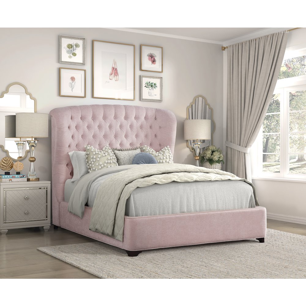 Cameo Chenille Queen Upholstery Bed in Pink. Picture 3
