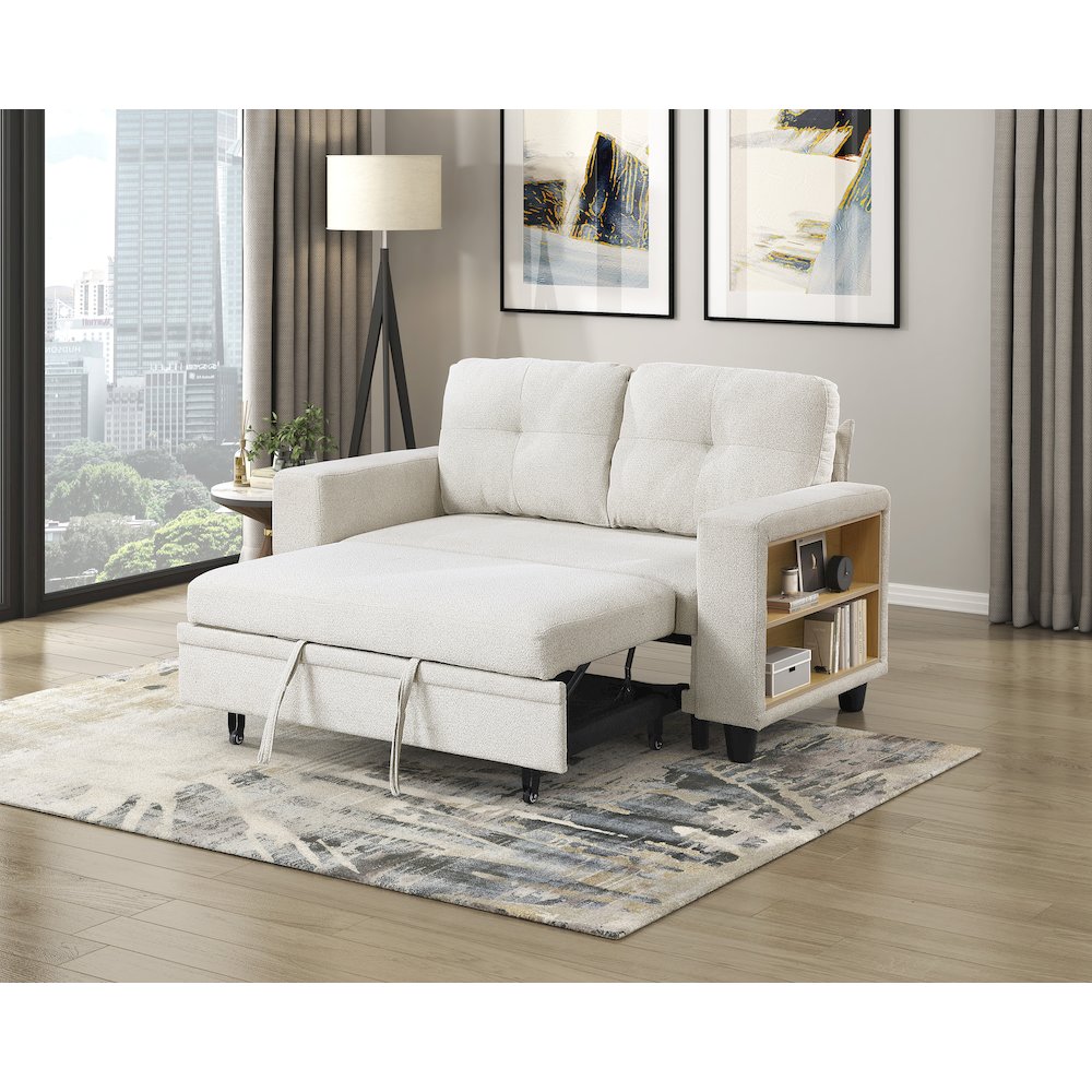Robinson Boucle Love Seat with Pull-out Bed, Shelves in Beige. Picture 7