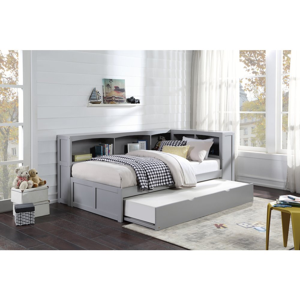 Orion Pine Twin Bookcase Corner Bed with Twin Trundle in Gray. Picture 2