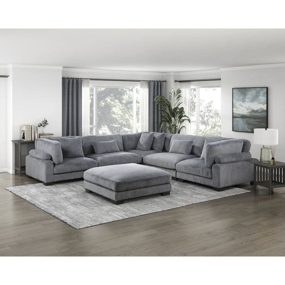 Traverse Corduroy 6-Piece Modular Sectional with Ottoman in Gray. Picture 4