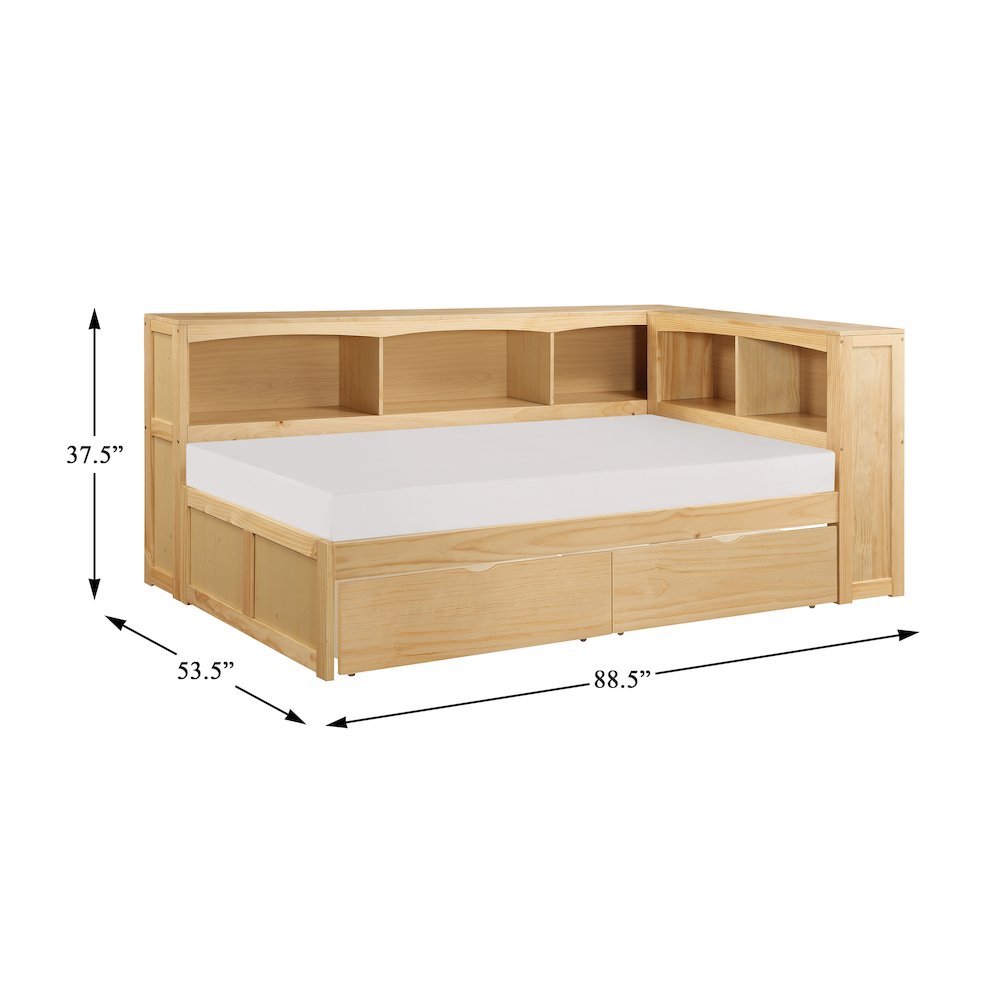 Bartly Pine Twin Bookcase Corner Bed with Storage Boxes in Natural Pine. Picture 3