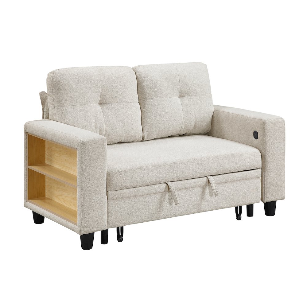 Robinson Boucle Love Seat with Pull-out Bed, Shelves in Beige. Picture 1