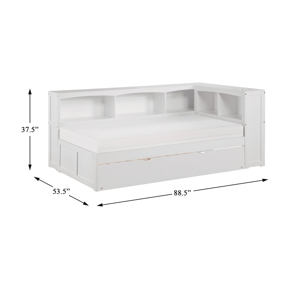 Galen Pine Twin Bookcase Corner Bed with Twin Trundle in White. Picture 4