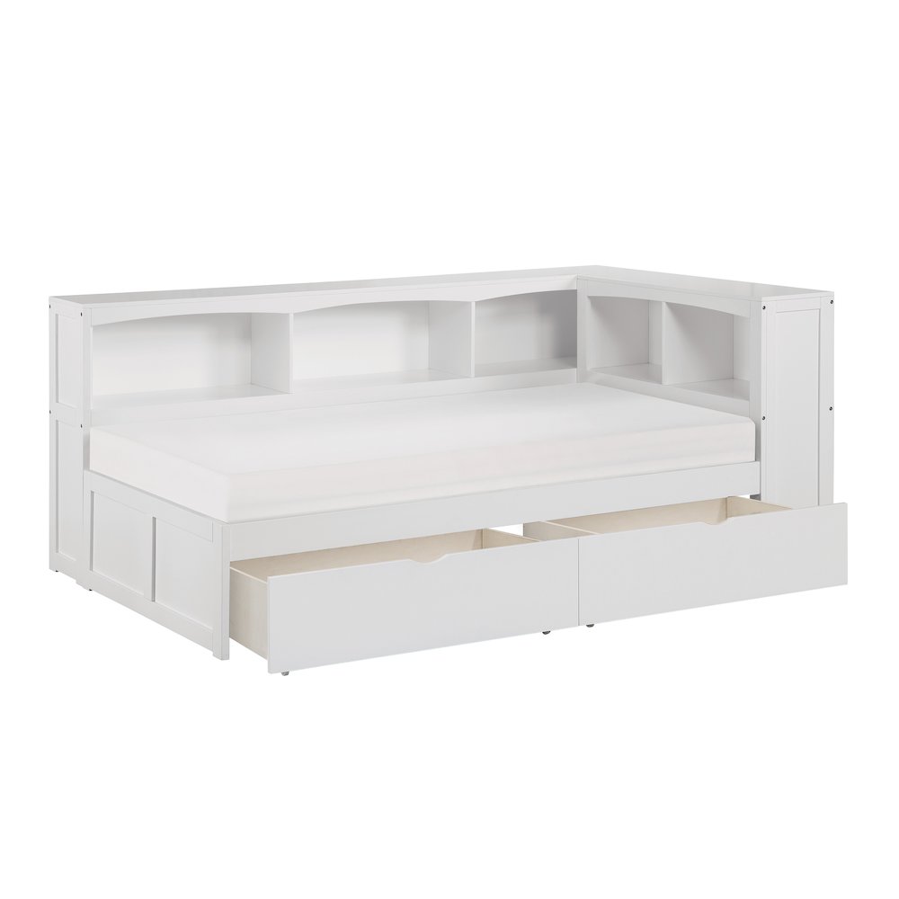 Galen Pine Twin Bookcase Corner Bed with Storage Boxes in White. Picture 5