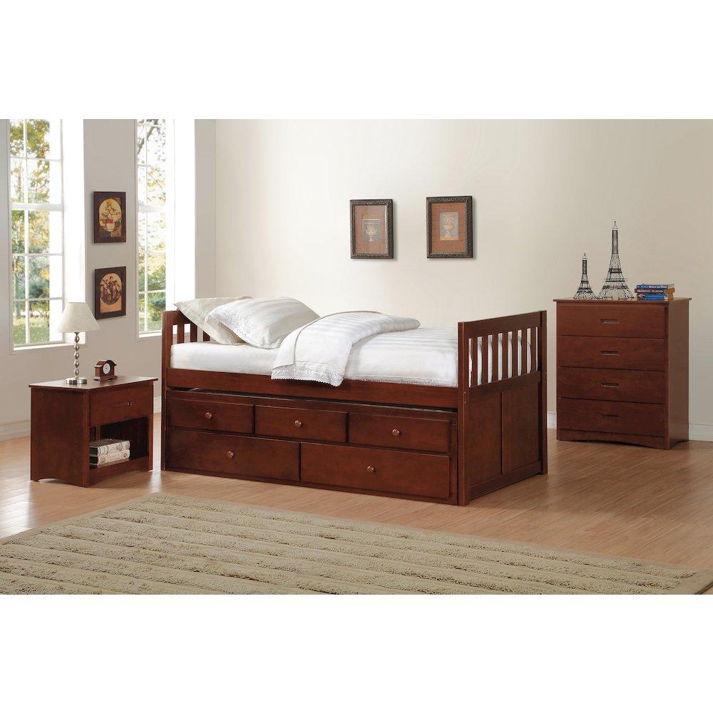 Rowe Pine Twin Over Twin Trundle Bed in Dark Cherry. Picture 3