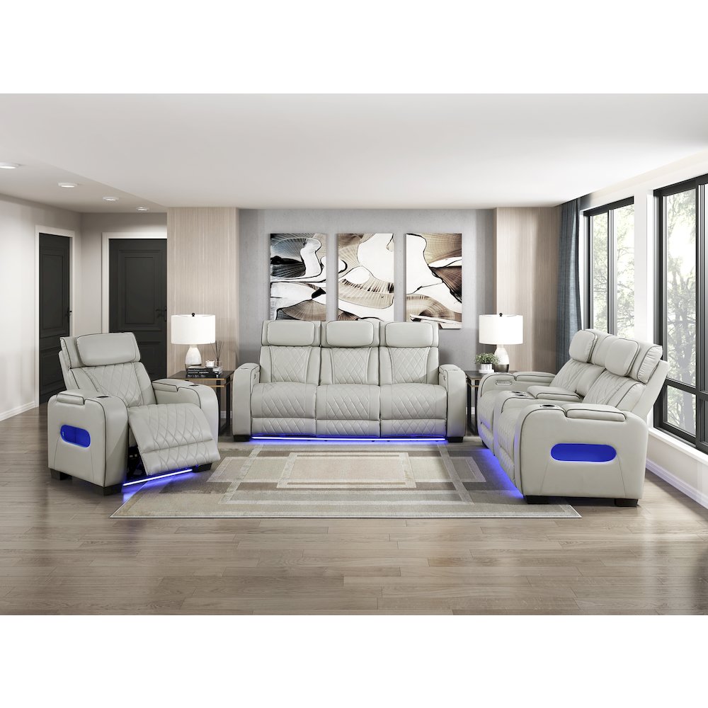 Fairway Faux Leather Power Double Reclining Love Seat in Taupe. Picture 5