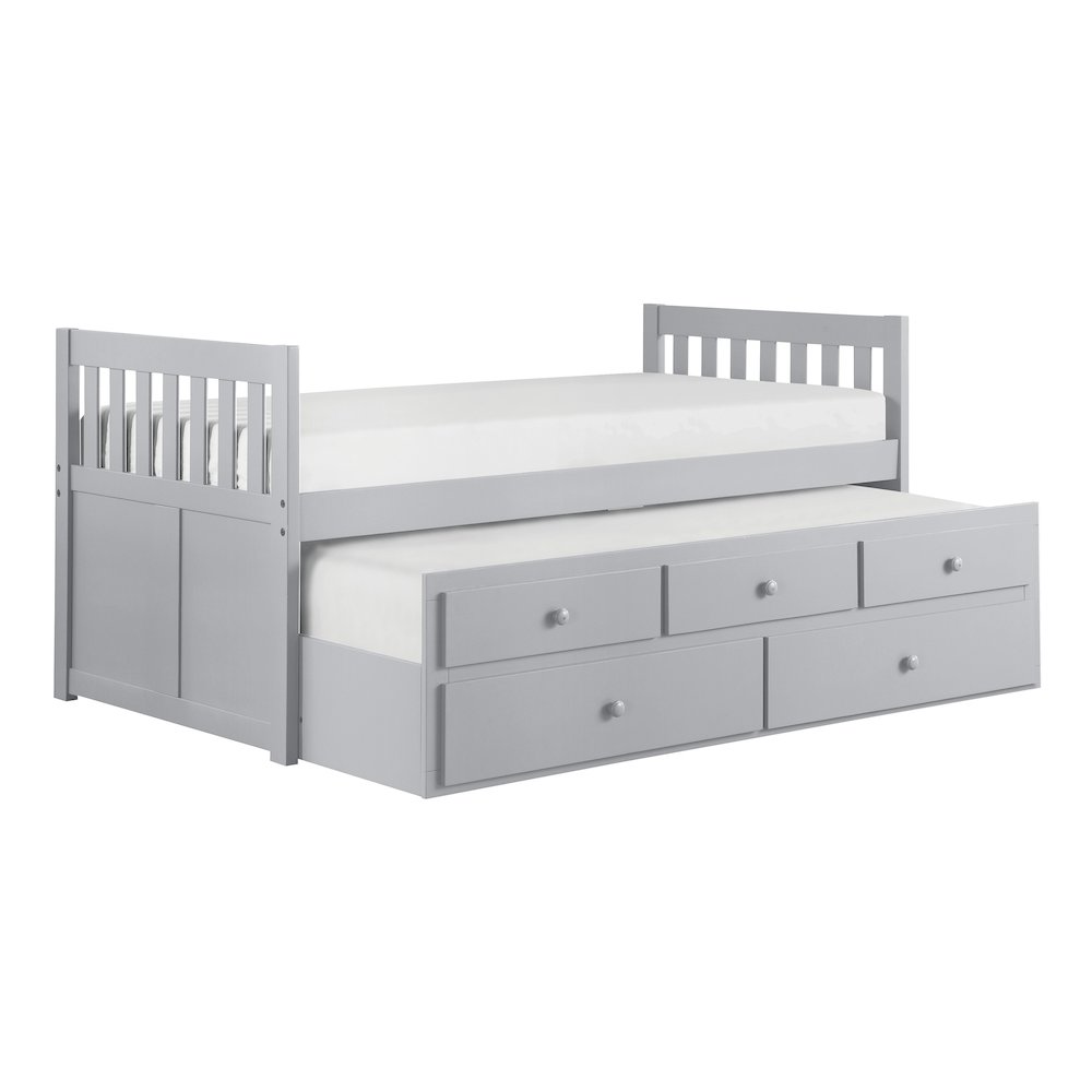 Orion Pine Twin Over Twin Trundle Bed with two Storage Drawers in Gray. Picture 1