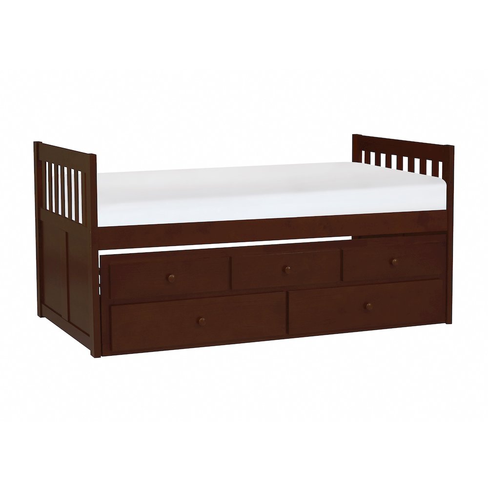 Rowe Pine Twin Over Twin Trundle Bed in Dark Cherry. Picture 1