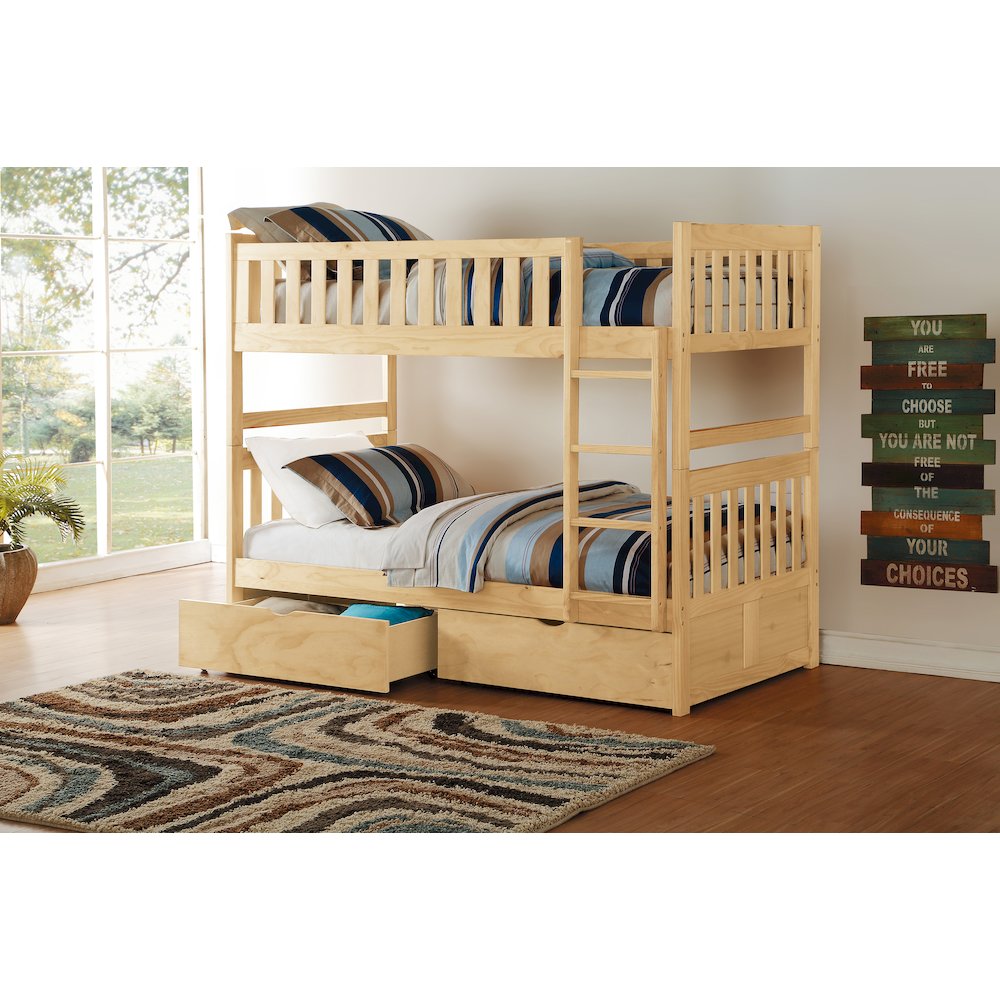 Bartly Pine Twin over Twin Bunk Bed with Storage Boxes in Natural Pine. Picture 3