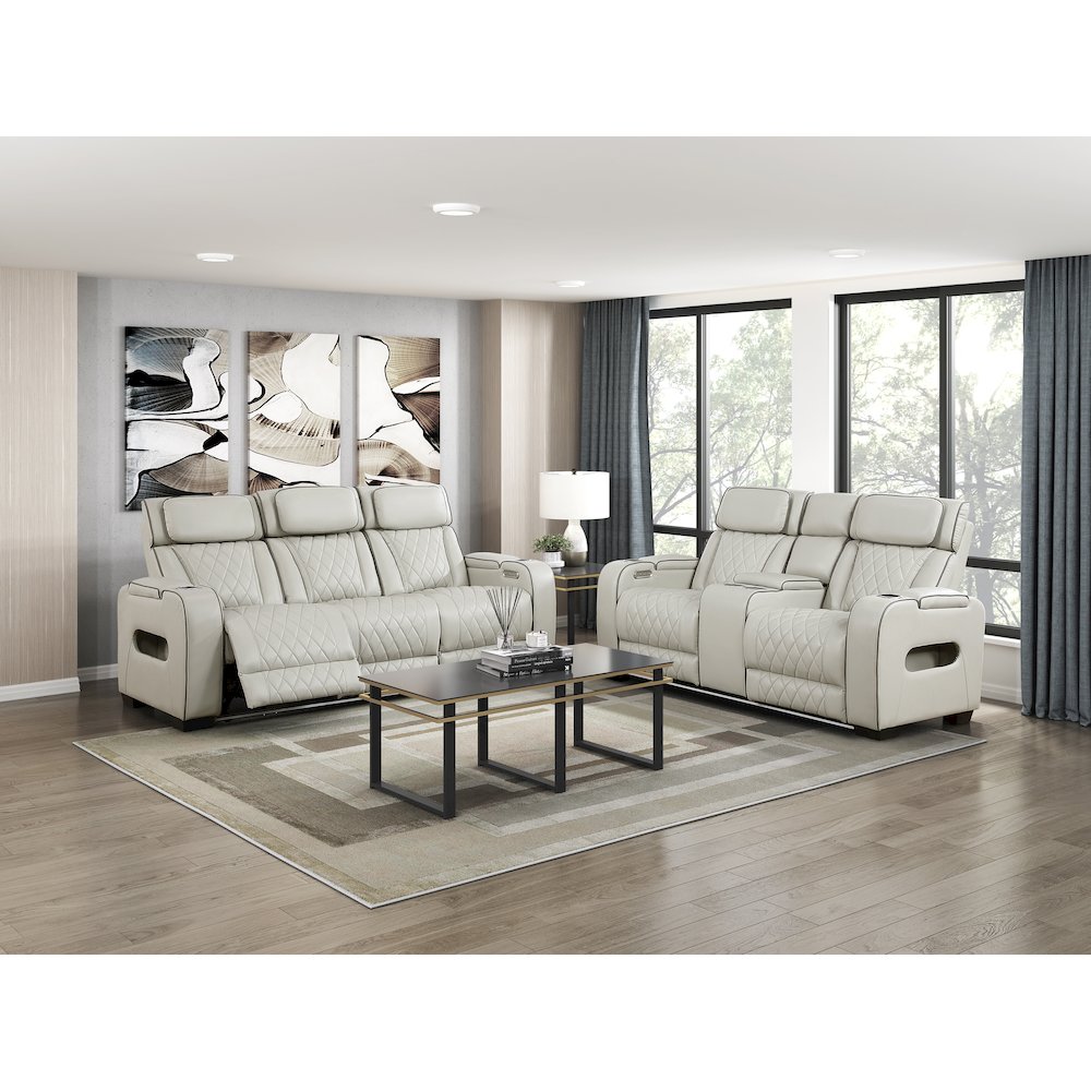Fairway Faux Leather Power Double Reclining Love Seat in Taupe. Picture 2