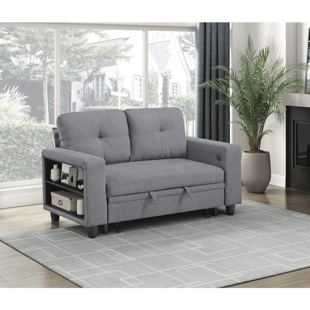 Robinson Boucle Love Seat with Pull-out Bed, Shelves in Gray. Picture 2