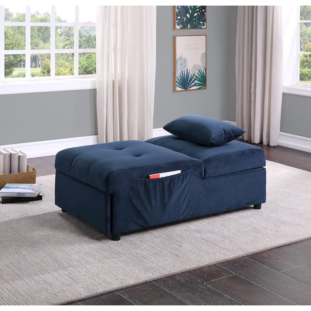 Garrell Velvet Storage Bench with Pull-Out Ottoman in Dark Blue. Picture 6