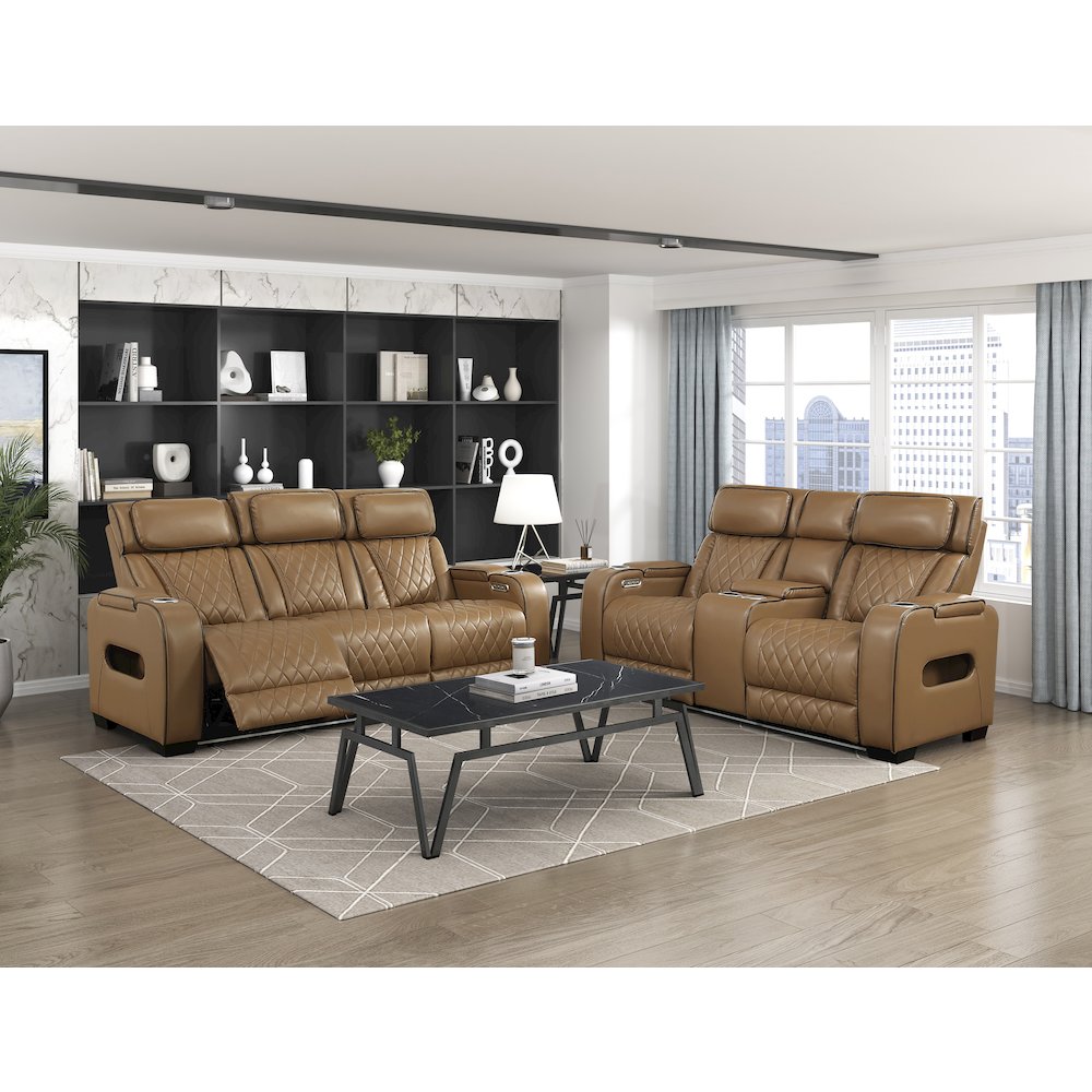 Fairway Faux Leather Power Double Reclining Love Seat in Brown. Picture 3