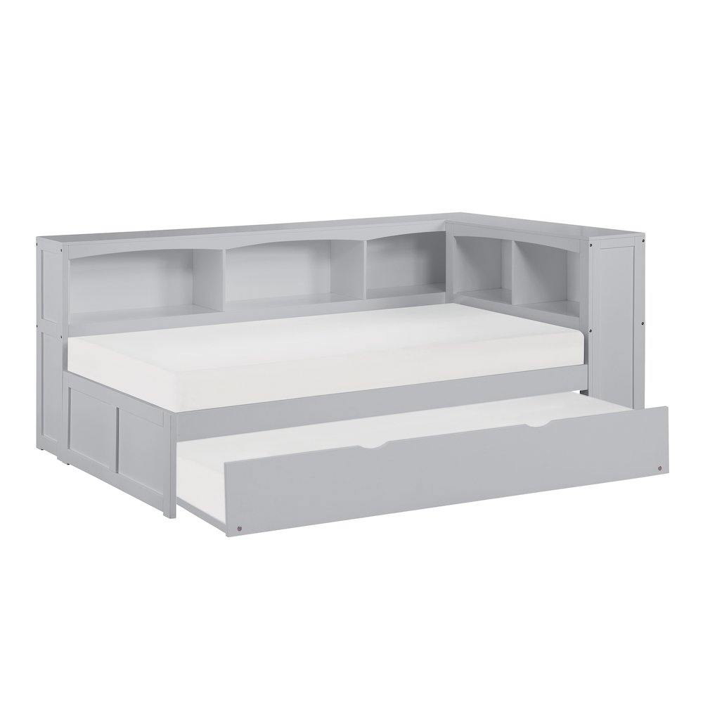 Orion Pine Twin Bookcase Corner Bed with Twin Trundle in Gray. Picture 5