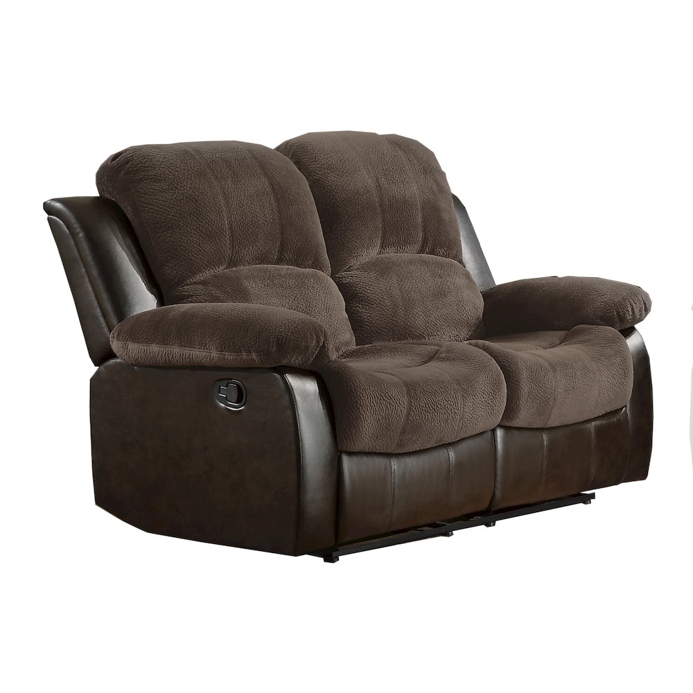 Cranley Faux Leather Double Reclining Loveseat in Chocolate. Picture 1