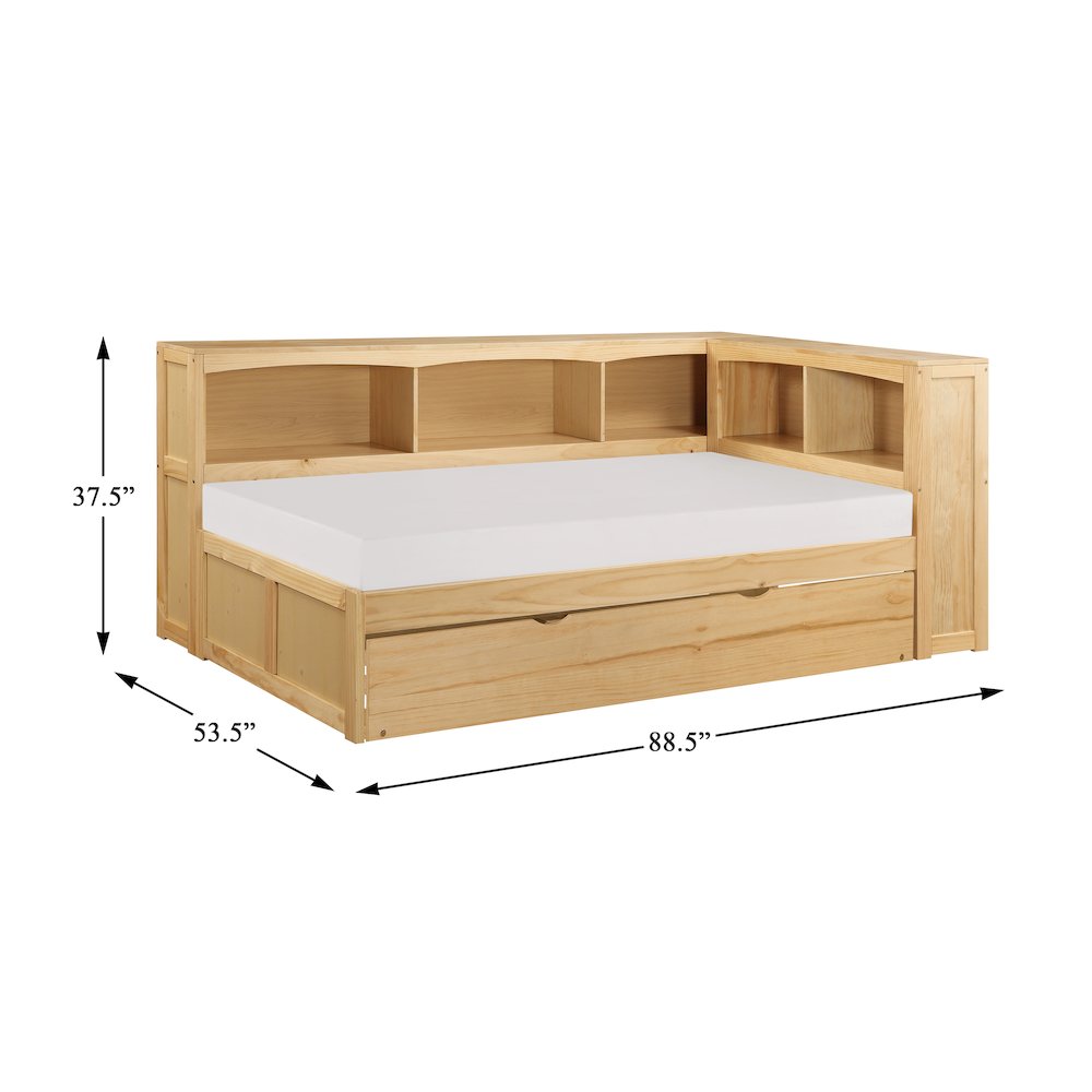 Bartly Pine Twin Bookcase Corner Bed with Twin Trundle in Natural Pine. Picture 3