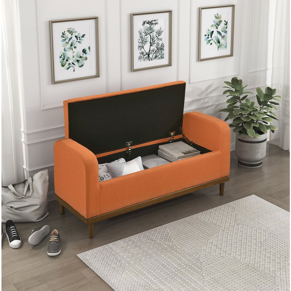 Brigitte Textured Lift Top Storage Bench in Orange. Picture 3