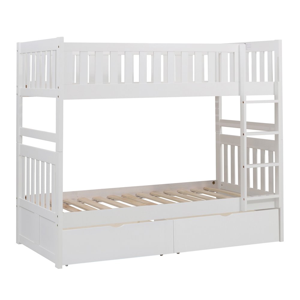 Galen Pine Twin Over Twin Bunk Bed with Storage Boxes in White. Picture 2
