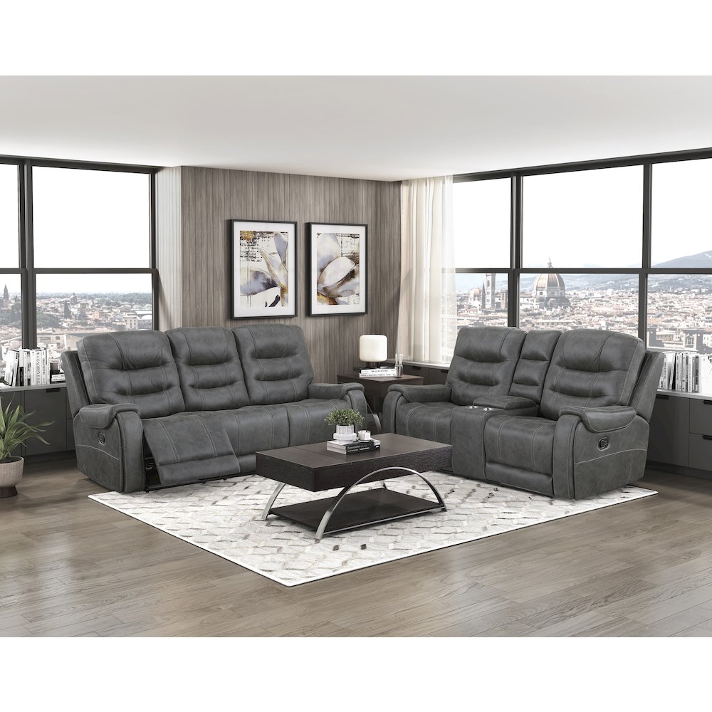 Oberon Microfiber Double Reclining Love Seat in Dark Gray. Picture 3
