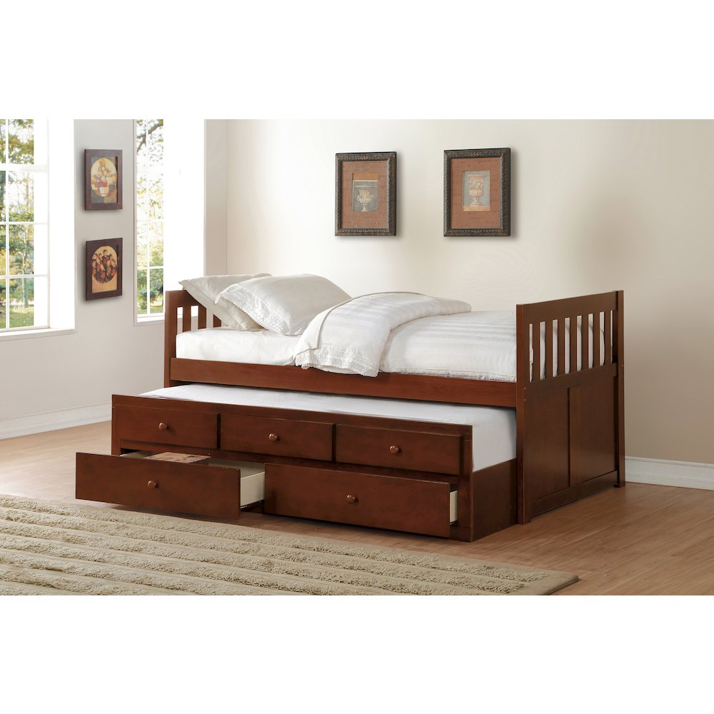 Rowe Pine Twin Over Twin Trundle Bed in Dark Cherry. Picture 4
