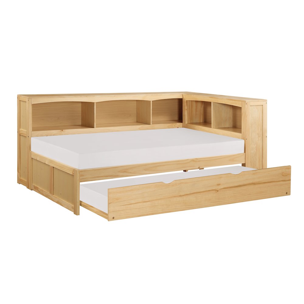 Bartly Pine Twin Bookcase Corner Bed with Twin Trundle in Natural Pine. Picture 5