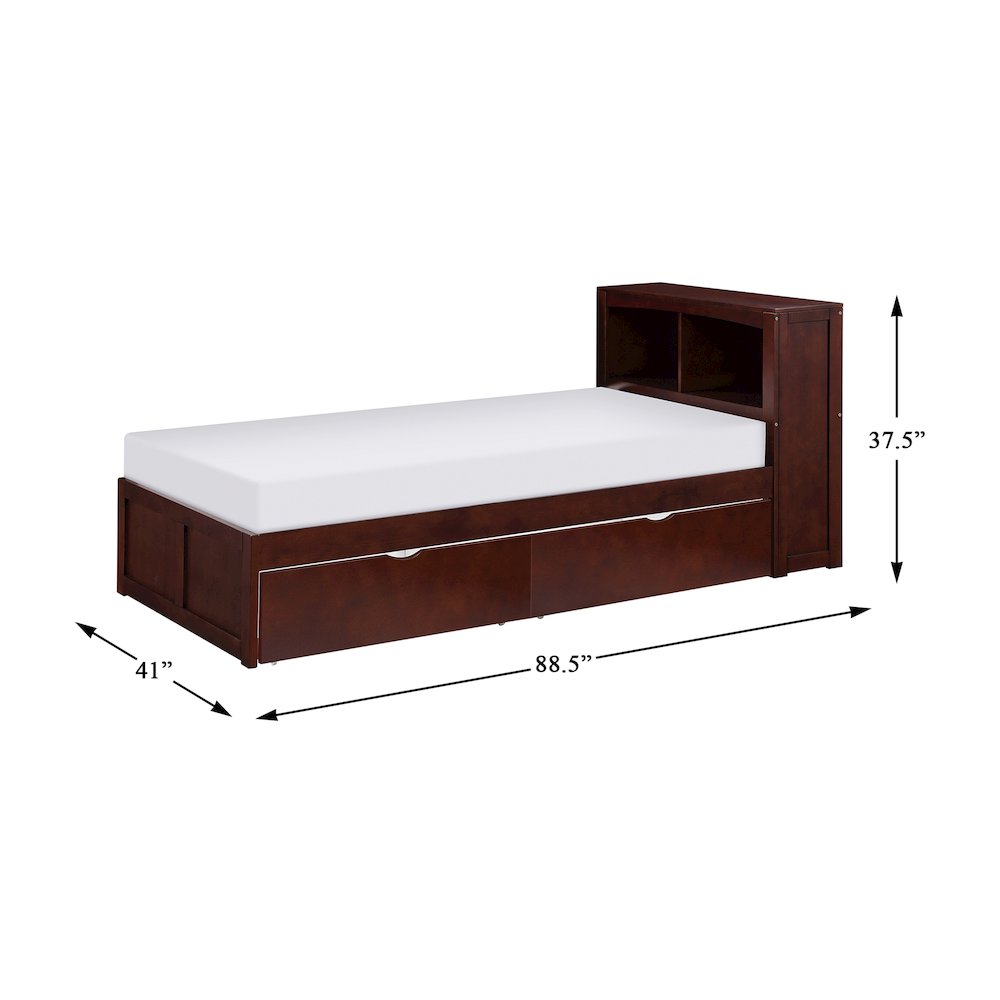 Rowe Pine Twin Bookcase Bed with Storage Boxes in Dark Cherry. Picture 3
