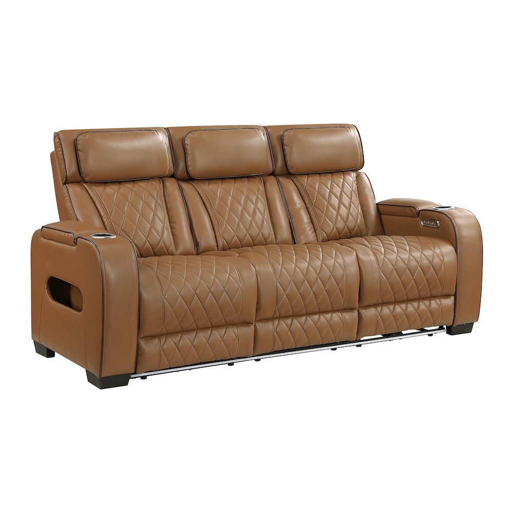Fairway Faux Leather Power Double Reclining Sofa in Brown. Picture 1