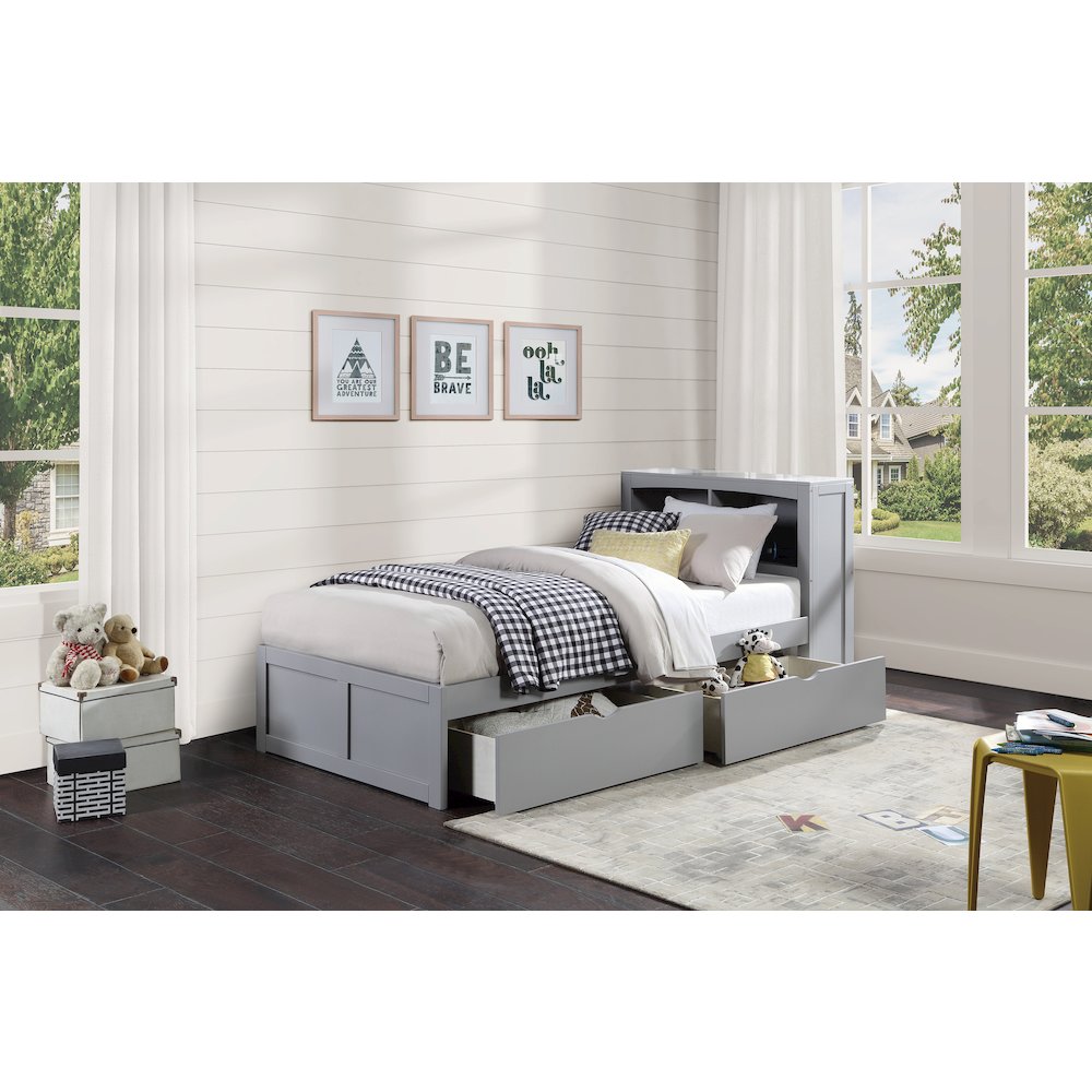 Orion Pine Twin Bookcase Bed with Storage Boxes in Gray. Picture 2