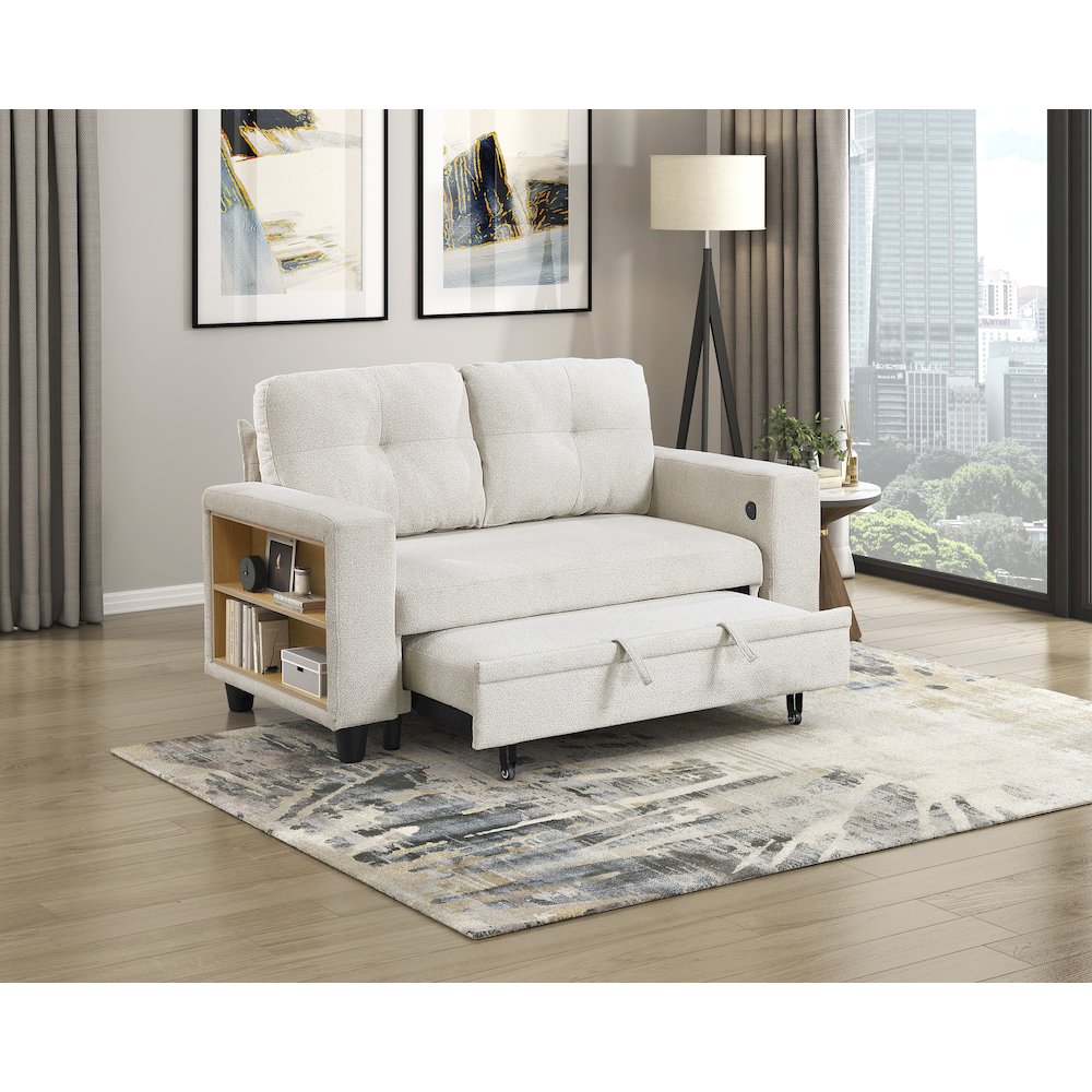 Robinson Boucle Love Seat with Pull-out Bed, Shelves in Beige. Picture 4