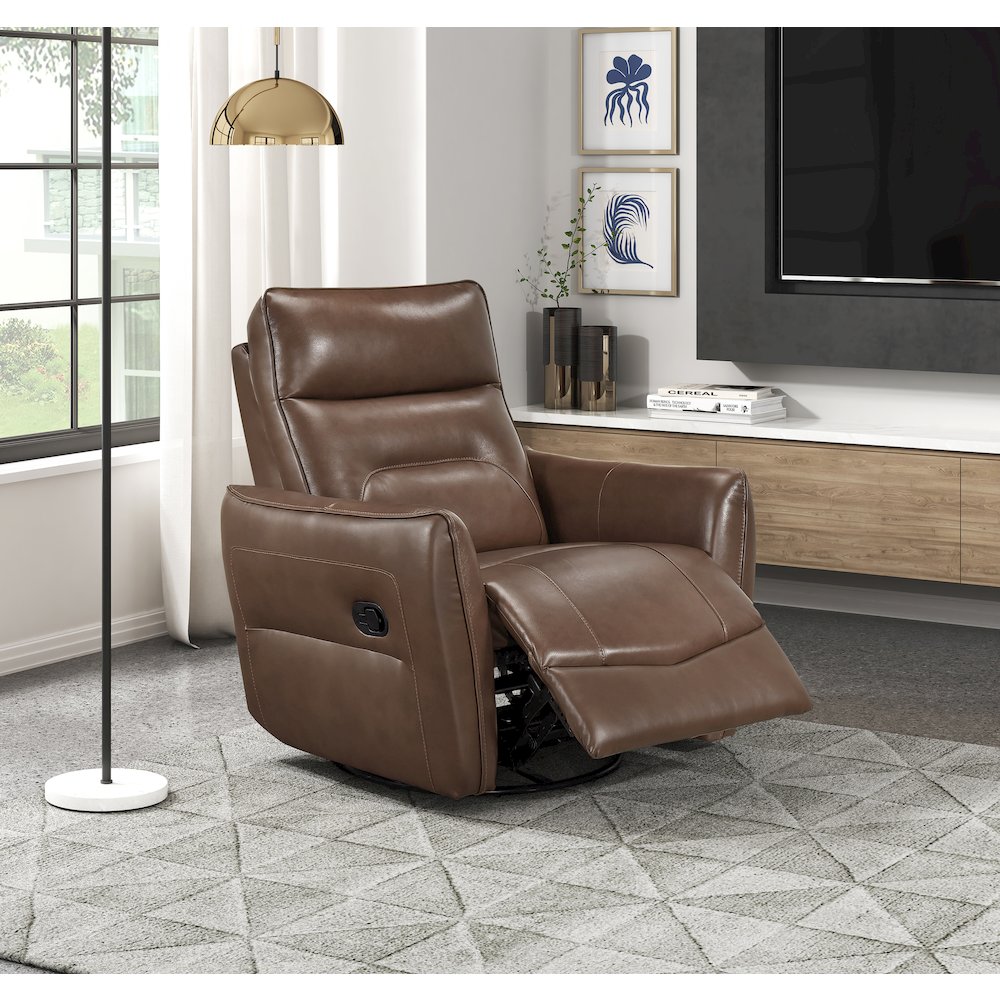 Thomas Leather Swivel Glider Reclining Chair in Toffee Brown. Picture 2