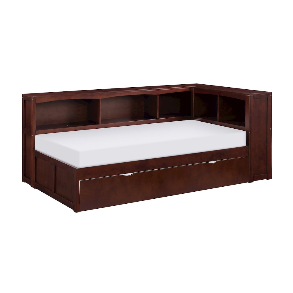 Rowe Pine Twin Bookcase Corner Bed with Twin Trundle in Dark Cherry. Picture 1