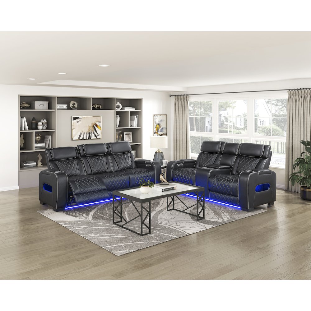Fairway Faux Leather Power Double Reclining Love Seat in Black. Picture 5