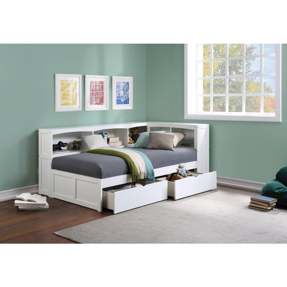 Galen Pine Twin Bookcase Corner Bed with Storage Boxes in White. Picture 2