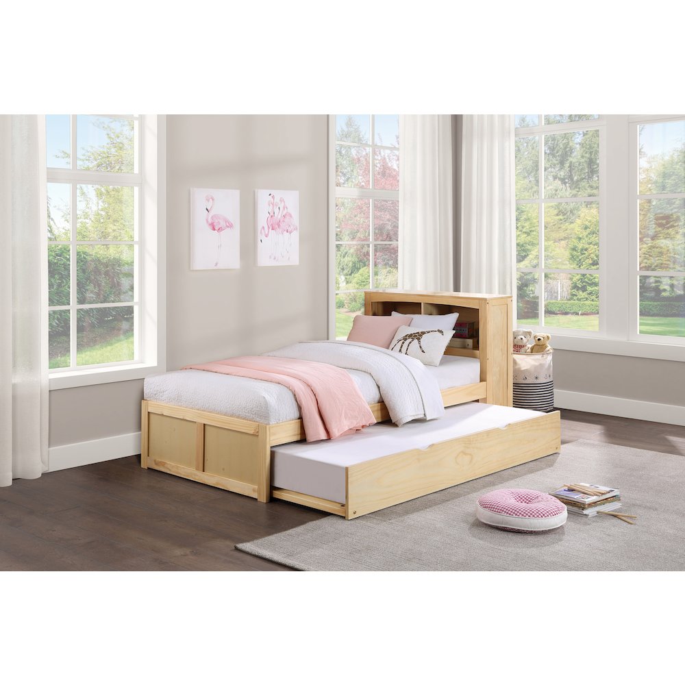 Bartly Pine Twin Bookcase Bed with Twin Trundle in Natural Pine. Picture 2
