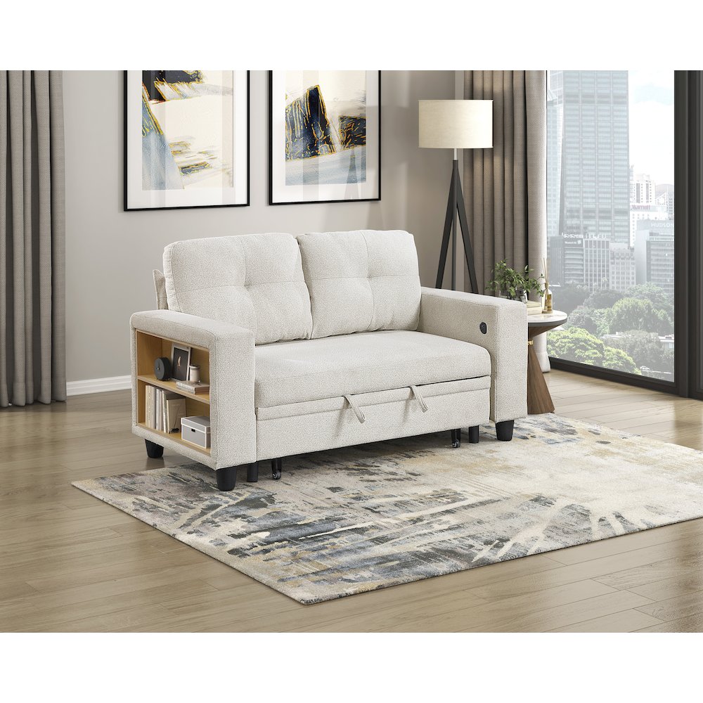 Robinson Boucle Love Seat with Pull-out Bed, Shelves in Beige. Picture 2