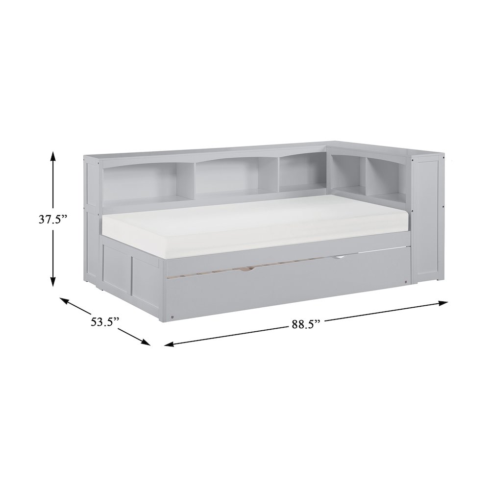Orion Pine Twin Bookcase Corner Bed with Twin Trundle in Gray. Picture 3