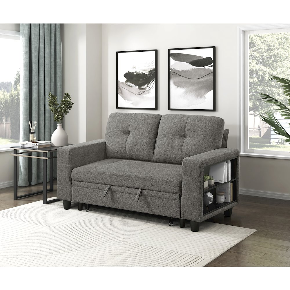 Robinson Boucle Love Seat with Pull-out Bed, Shelves in Dark Brown. Picture 3