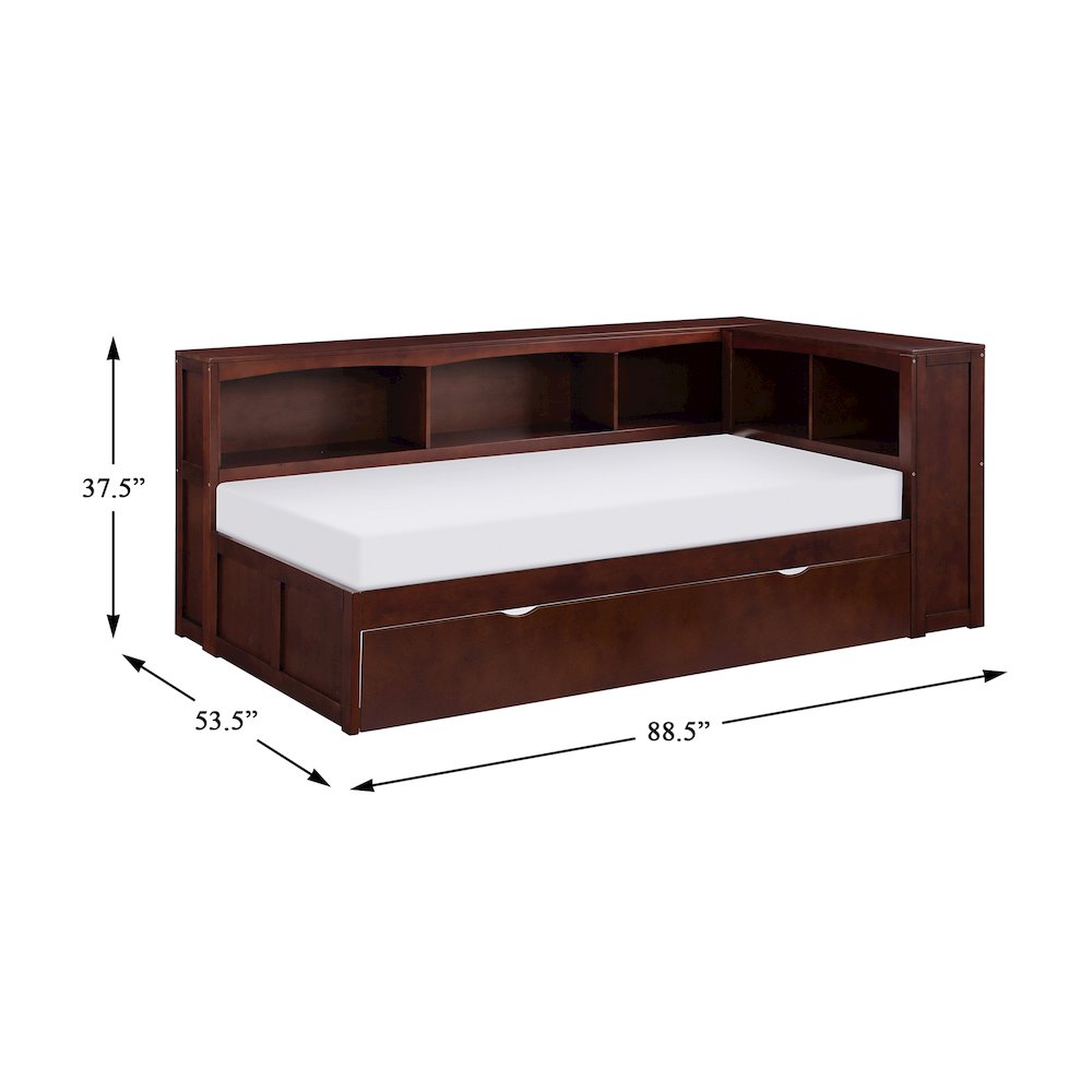 Rowe Pine Twin Bookcase Corner Bed with Twin Trundle in Dark Cherry. Picture 3
