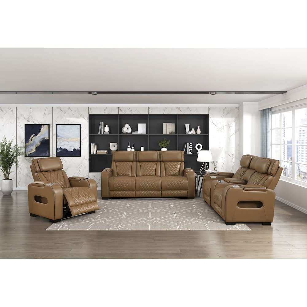 Fairway Faux Leather Power Double Reclining Love Seat in Brown. Picture 2